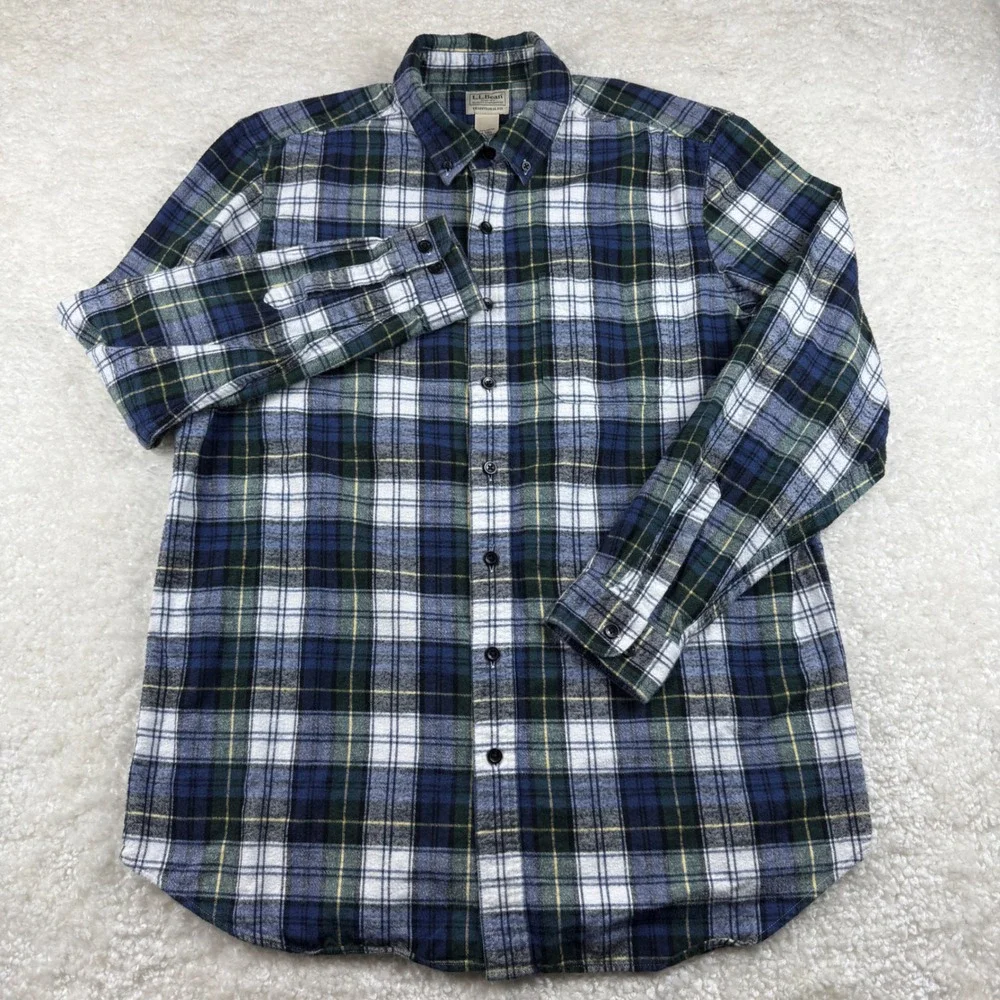 L.L. Bean Flannel Shirt Men L-Tall Blue Green Plaid Traditional Fit 228066